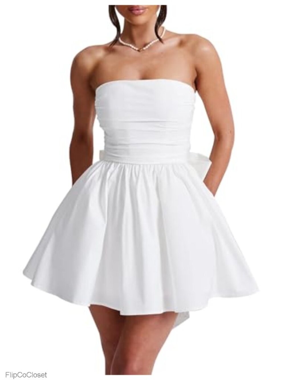Women's Strapless Ruched Mini Dress with Oversized Bow Back A-Line Pleated